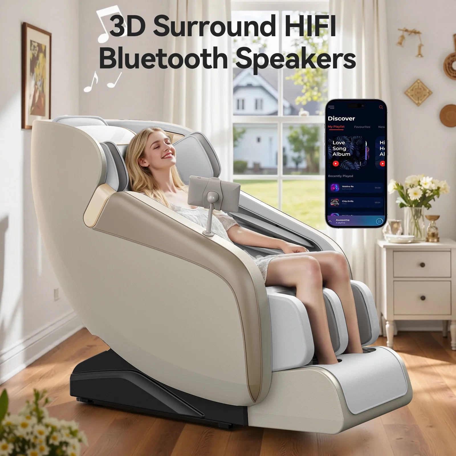 4D Massage Chair Full Body, Zero Gravity Massage Chair with Heat and Foot Massage with Airbags, Kneading, Bluetooth, LCD Touch Control - Beige